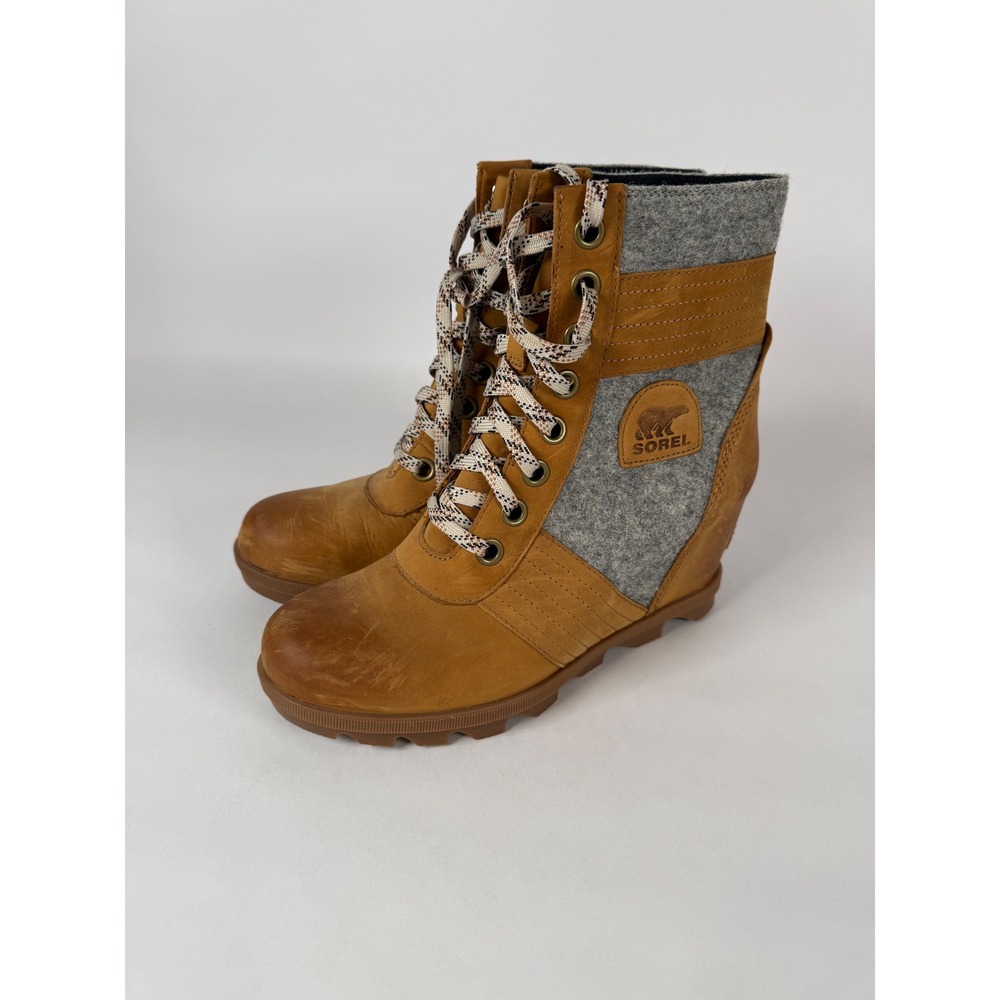 Sorel Lexie Wedge Boots Tan‎ Grey Leather Felt Lace Up NL3376-224 Womens 9
